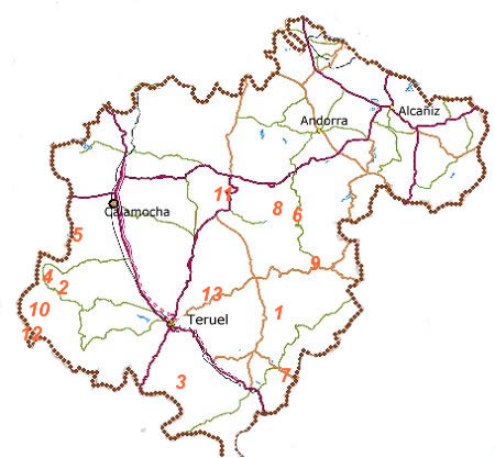 MAPA DE TERUEL, PUERTOS Y SUBIDAS CIMA